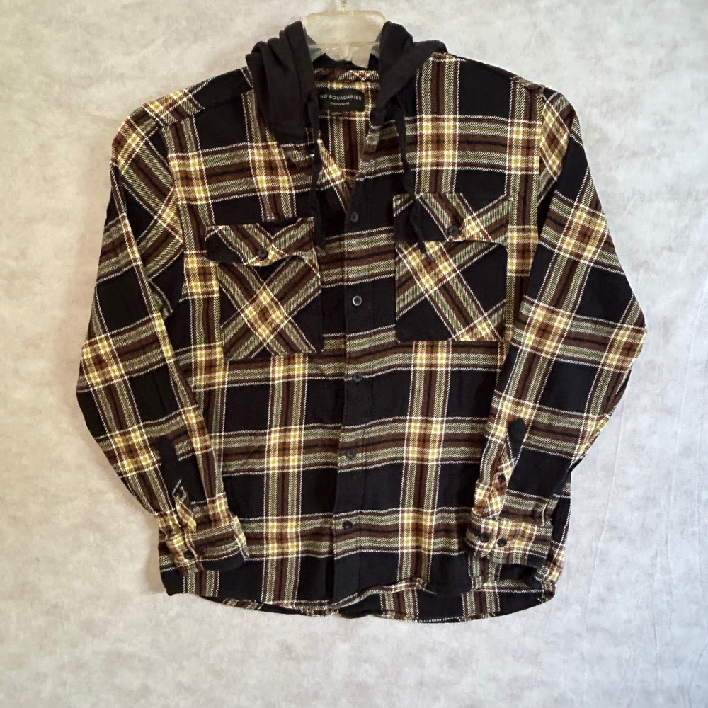 No Boundaries Mens Flannel Hooded Shirt‎ Oversized Fit Black Brown Plaid Large